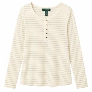 NWT$ LRL Ralph Lauren Henley Pullover Top Sz L Ivory Gold Metallic Stripe Preppy